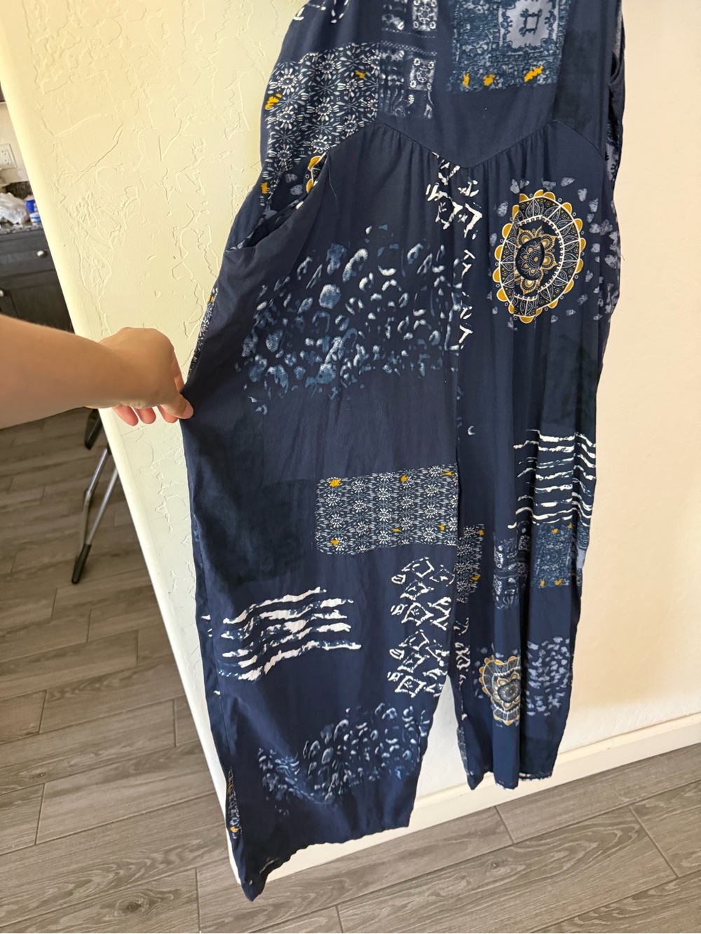 Small shop|Navy Boho Patchwork print Wide-Leg sleeveless Jumpsuit,overall style• - Picture 6 of 13